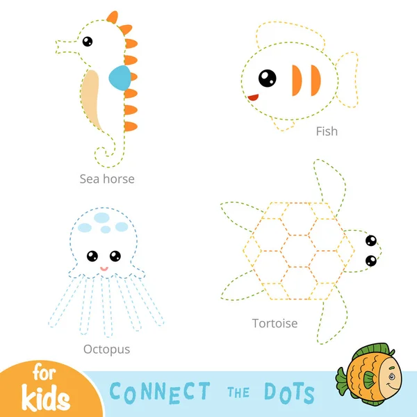 Conecta los puntos, juego de educación para niños. Conjunto de animales marinos — Archivo Imágenes Vectoriales