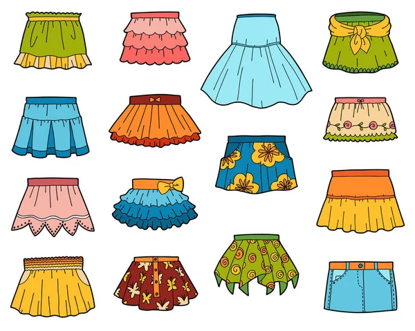 Set di gonne, collezione di colori di vestiti dei cartoni animati — Vettoriale Stock