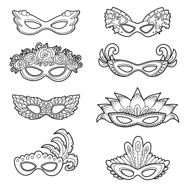 Conjunto de máscaras de carnaval, colección en blanco y negro de accesorios de dibujos animados — Vector de stock