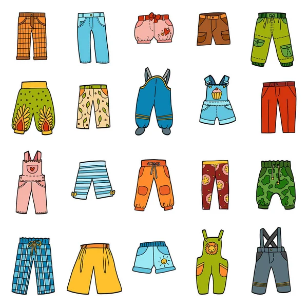 Set of pants, color collection of cartoon trousers and overalls — Stock Vector