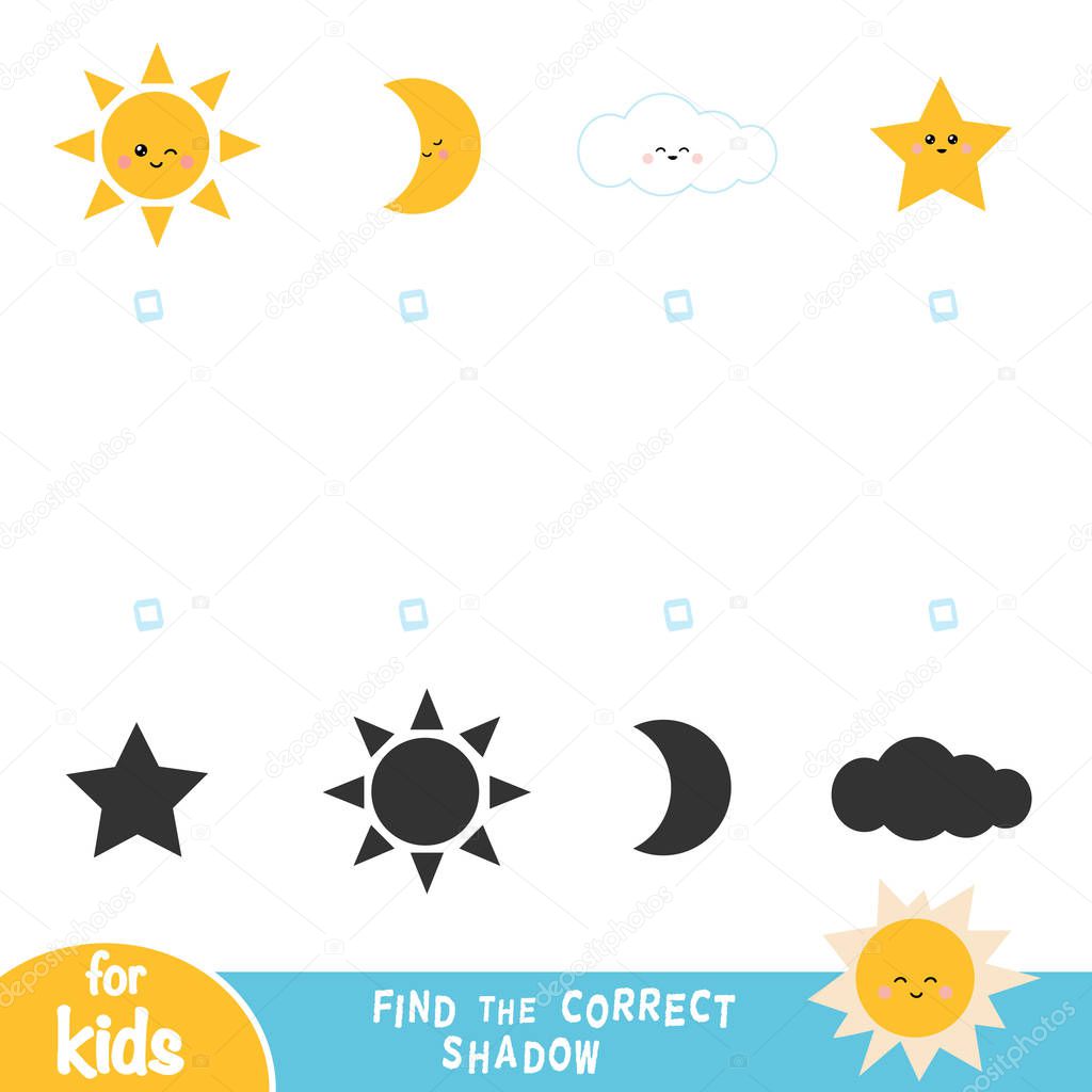 Find the correct shadow, education game, set of objects of natur