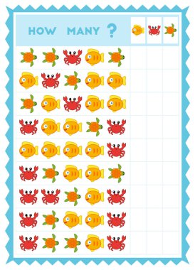 Sayma oyunu, çocuklar için eğitim oyunu. Saymak kaç deniz hayvanları