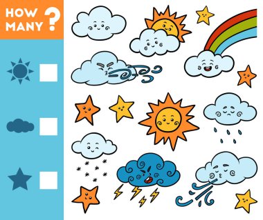 Çocuklar için Sayma Oyunu. Eğitici bir matematik oyunu. Kaç yıldız, bulut, güneş say