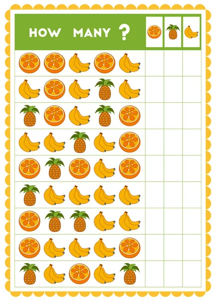 Contar juego, juego educativo para niños. Cuente cuántas frutas — Vector de stock