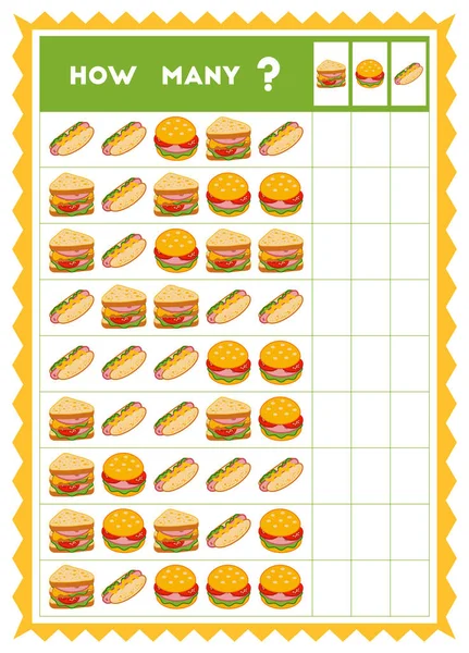 Jeu de comptage, jeu éducatif pour les enfants. Compter combien de types d'aliments — Image vectorielle