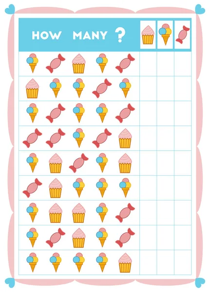 Counting game, educational game for children. Count how many sweets — Stock Vector