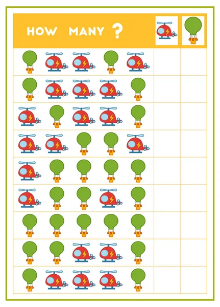 Contar juego, juego educativo para niños. Cuente cuántos globos y helicópteros — Vector de stock