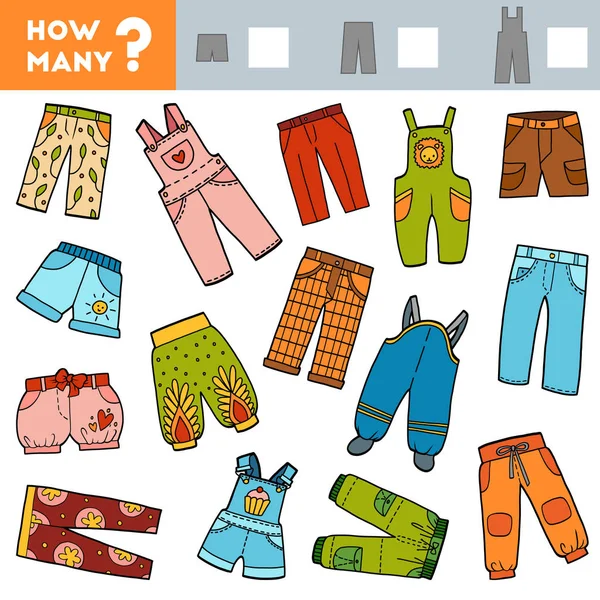 Cuenta Juego para Niños. Educativo un juego matemático. Cuente cuántos pantalones cortos, pantalones, monos — Vector de stock