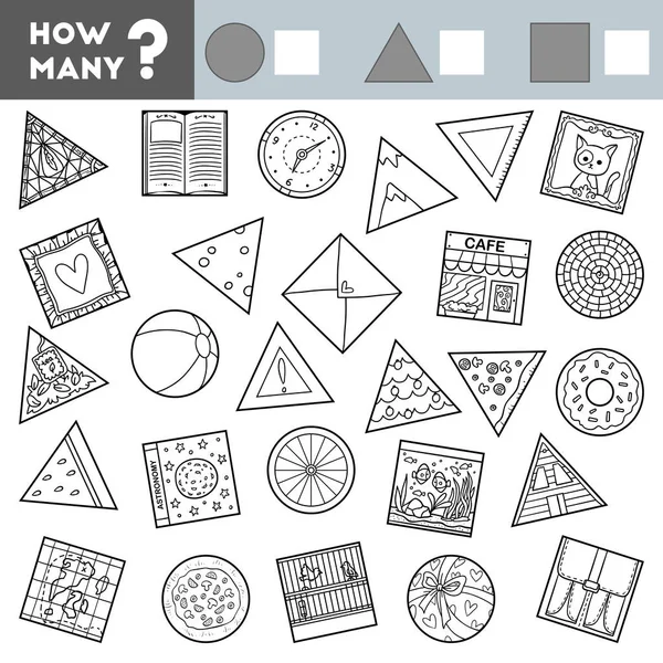 Игра в подсчет для детей. Образовательная математическая игра. Подсчитайте, сколько круглых, квадратных и треугольных объектов — стоковый вектор