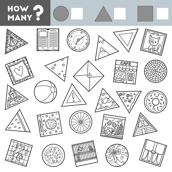 어린이를위한 게임을 계산합니다. 교육 수학 게임. 둥근 오브젝트, 정사각형 및 삼각형 오브젝트 수 계산 — 스톡 벡터