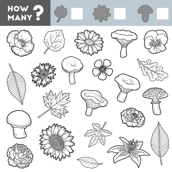 Tellen spel voor kinderen. Educatief een wiskundig spel. Tel hoeveel bladeren, paddestoelen, bloemen — Stockvector