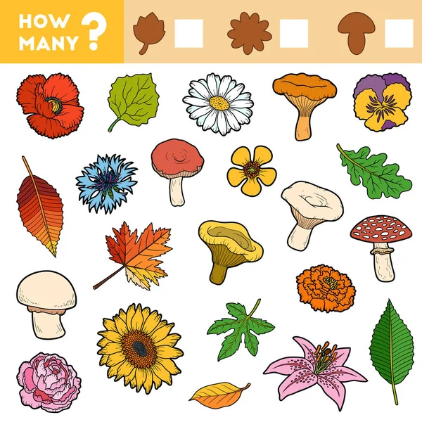 Jogo de contagem para crianças. Educativo um jogo matemático. Conte quantas folhas, cogumelos, flores — Vetor de Stock
