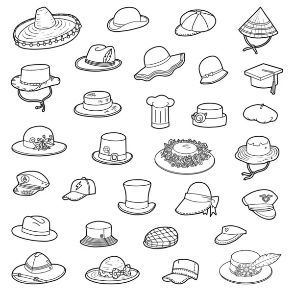 Set vettoriale di cappelli, collezione di abiti e accessori in bianco e nero — Vettoriale Stock