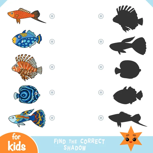 Vind de juiste schaduw, onderwijsspel, set van Cartoon vis — Stockvector