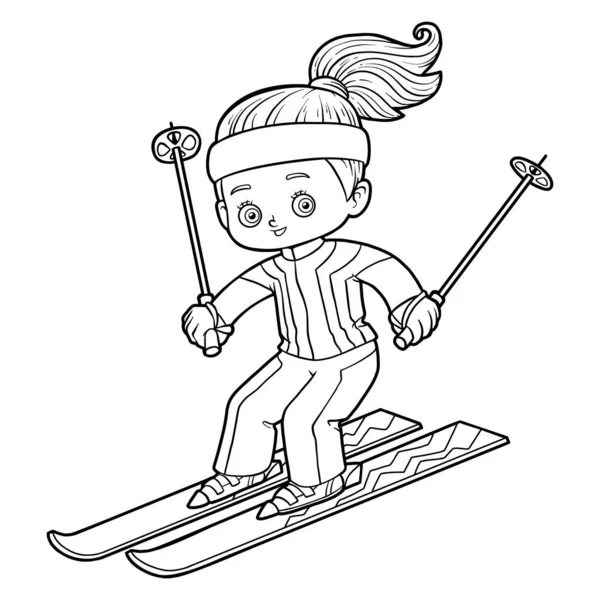 Boyama kitabı, Kız kayak — Stok Vektör