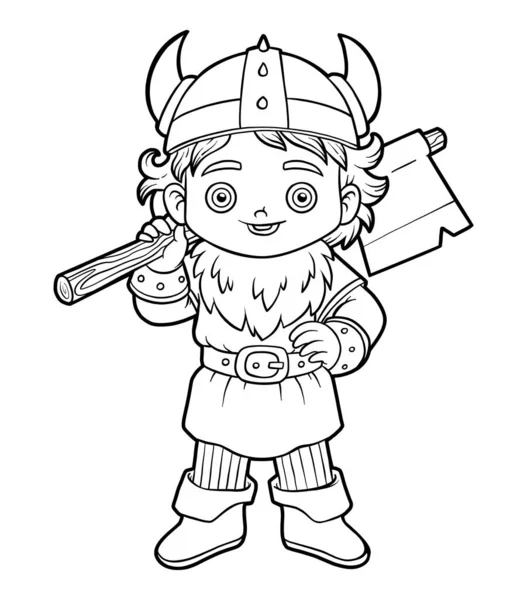 Libro para colorear, chico vikingo con un hacha — Archivo Imágenes Vectoriales