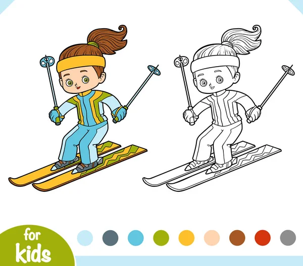 塗り絵, 女の子スキー — ストックベクタ