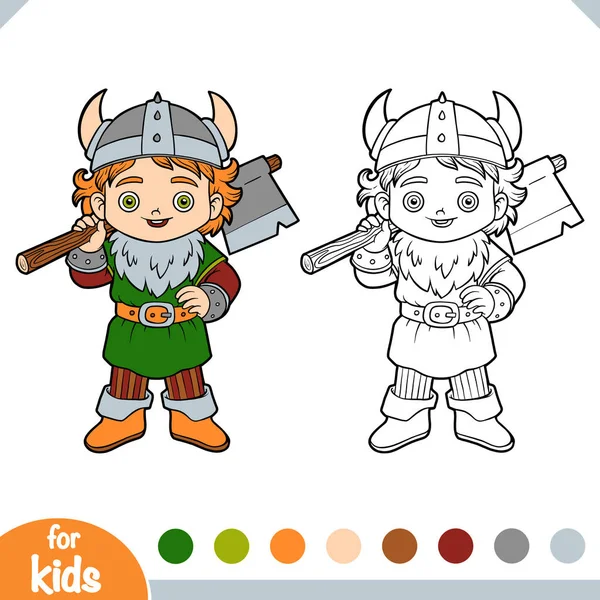 Libro para colorear, chico vikingo con un hacha — Vector de stock