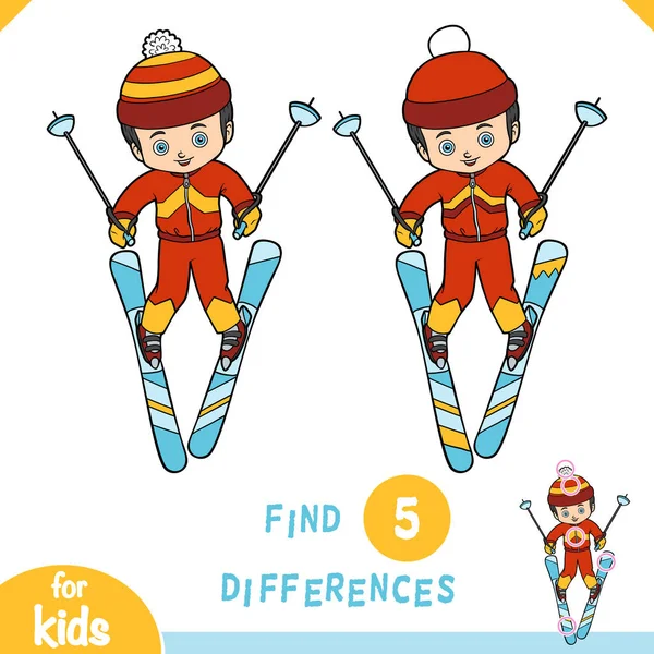 Unterschiede finden, Bildungsspiel für Kinder, Junge Skifahren — Stockvektor