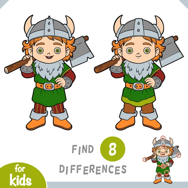 Encontrar diferencias, juego de educación para los niños, chico vikingo con un hacha — Archivo Imágenes Vectoriales