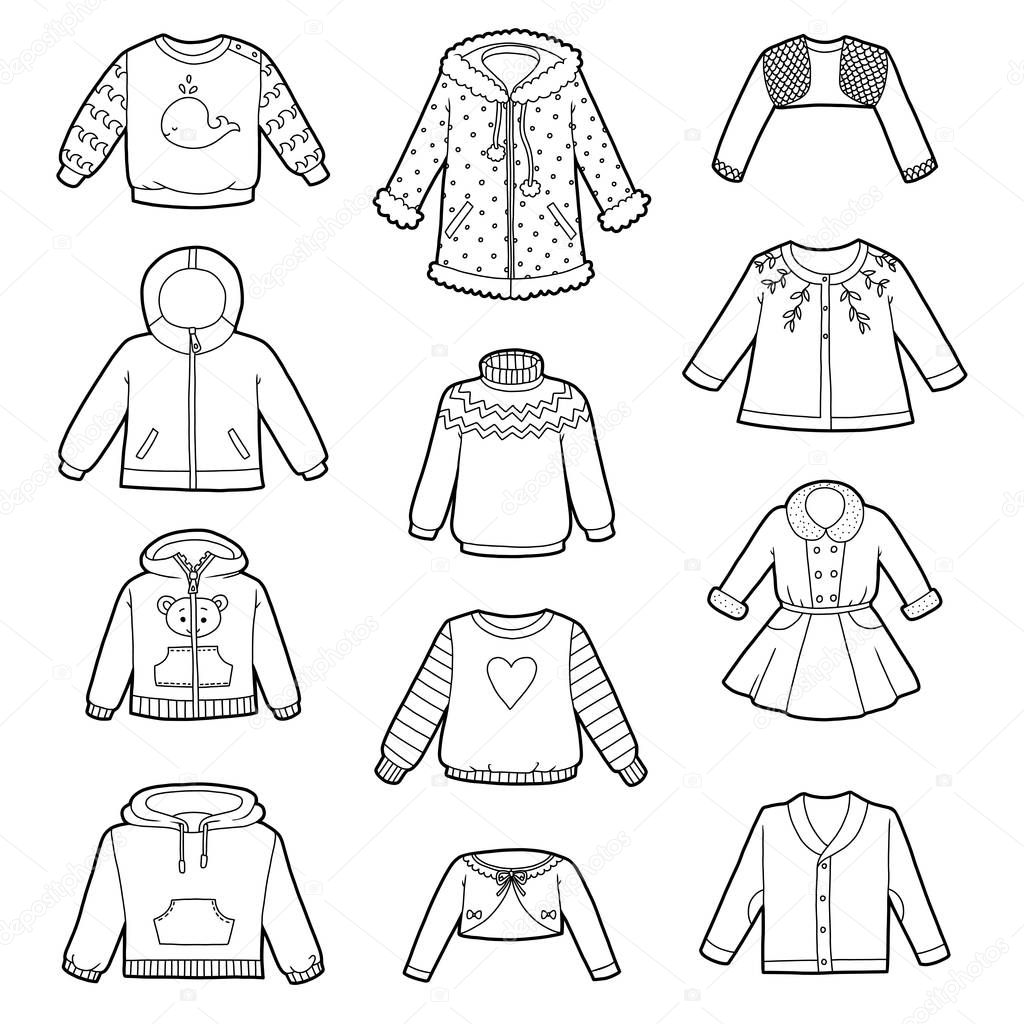 Vector set of shirts, black and white collection of sweaters, jumpers and coats