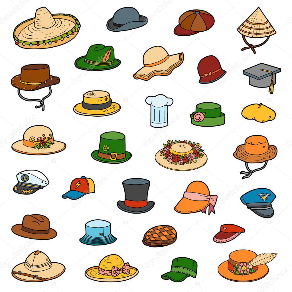 Vector set of hats, color collection of clothes and accessories
