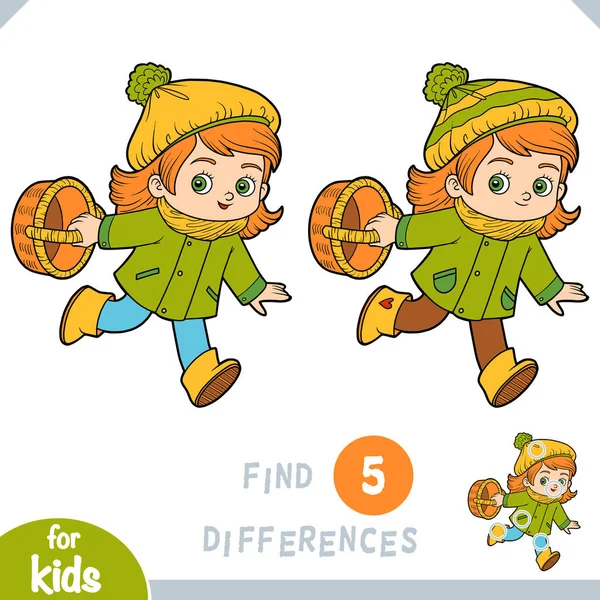 Najít rozdíly, vzdělávací hry pro děti, kreslená holčička s košíkem pro houby — Stockový vektor