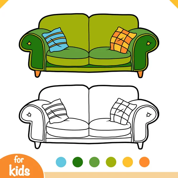 Libro para colorear, Sofá con almohadas — Vector de stock