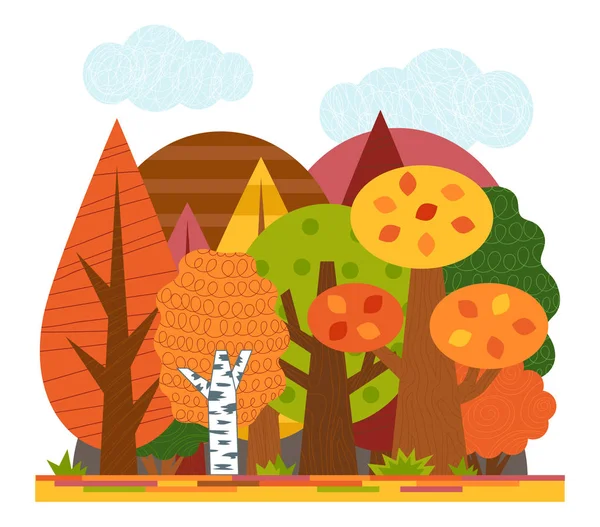 Ilustración de dibujos animados para niños. Bosque de otoño plano con hojas de color — Vector de stock