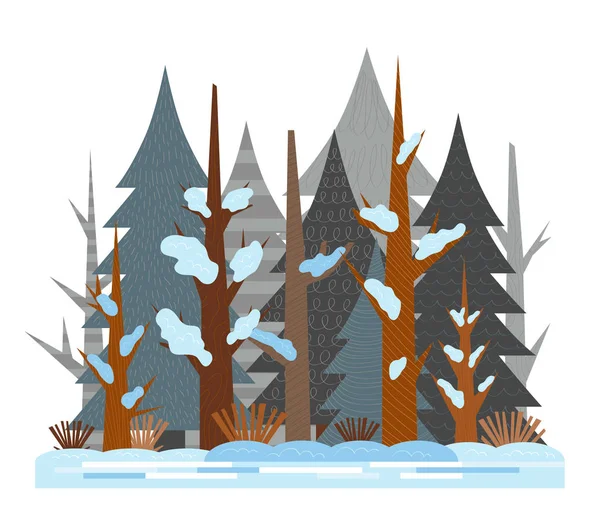 Illustrazione di cartoni animati per bambini. Piatto inverno foresta mista di conifere, inizio primavera giornata di sole — Vettoriale Stock
