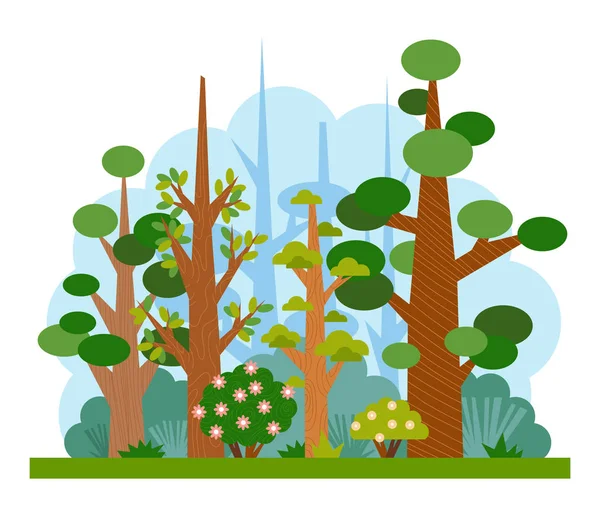 Ilustración de dibujos animados para niños. Bosque plano de primavera con árboles florecientes — Vector de stock