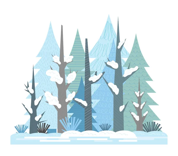 Ilustración de dibujos animados para niños. Bosque mixto de coníferas de invierno plano, paisaje de nieve en un día soleado — Archivo Imágenes Vectoriales