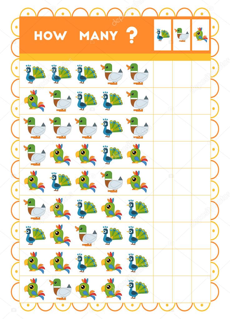 Counting game, educational game for children. Count how many birds