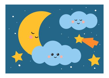 Çocuklar için karikatür illüstrasyon. Uzay hakkında eğitim afişi. Ay ve yıldızlarla gece gökyüzü