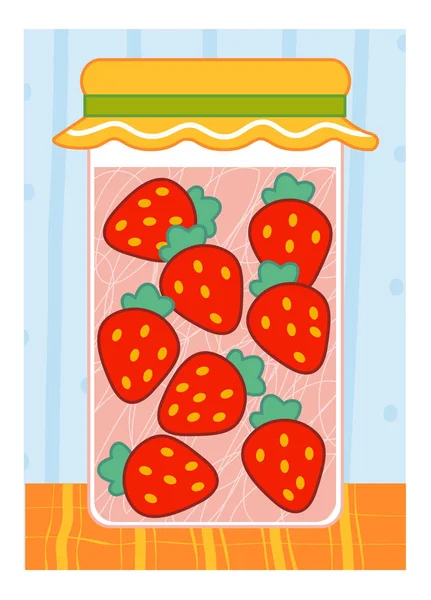 Ilustración de dibujos animados para niños, cartel colorido. Fresa en frasco — Vector de stock