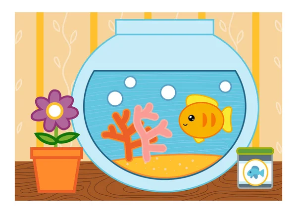 Cartoon illustration for children, colorful poster. Goldfish in a bowl — Stock Vector