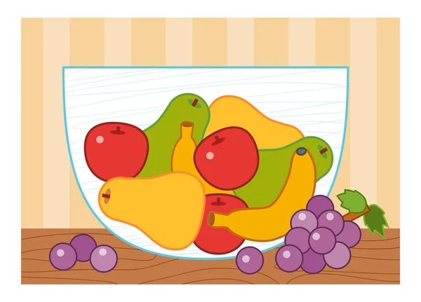 Ilustración de dibujos animados para niños, cartel colorido. Cuenco de frutas — Vector de stock