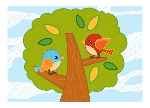 Ilustración de dibujos animados para niños, cartel colorido. Un día de verano. Las aves en el árbol . — Archivo Imágenes Vectoriales