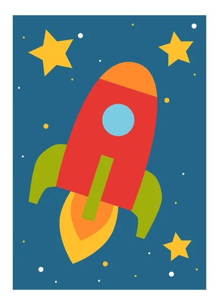 儿童卡通插图。关于空间的教育海报。飞火箭 — 图库矢量图片