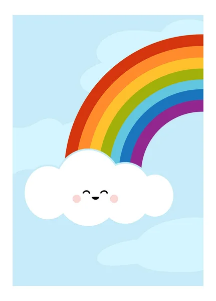 Εικονογράφηση κινουμένων σχεδίων για παιδιά, πολύχρωμη αφίσα. Ουράνιο τόξο και σύννεφα στον γαλάζιο ουρανό — Διανυσματικό Αρχείο