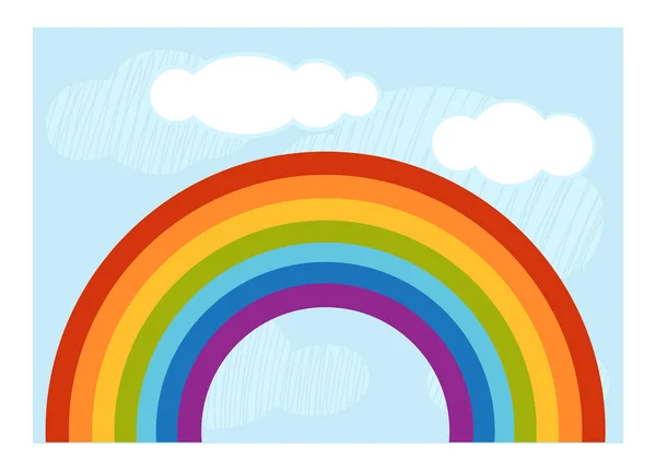 Ilustración de dibujos animados para niños, cartel colorido. Arco iris y nubes en el cielo azul — Vector de stock