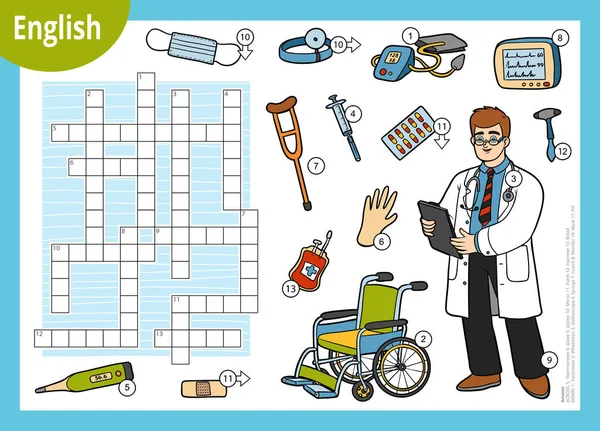 Crucigrama vectorial en inglés, juego de educación para niños sobre medicina. Médico de dibujos animados y objetos médicos — Vector de stock