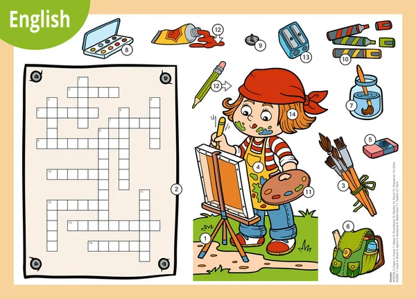 Crucigrama vectorial en inglés, juego de educación para niños. Chica artista de dibujos animados y objetos para dibujar — Vector de stock