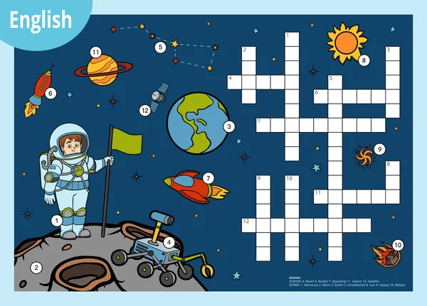 Crucigrama vectorial en inglés, juego de educación para niños sobre el espacio. Astronauta de dibujos animados y objetos cósmicos — Vector de stock