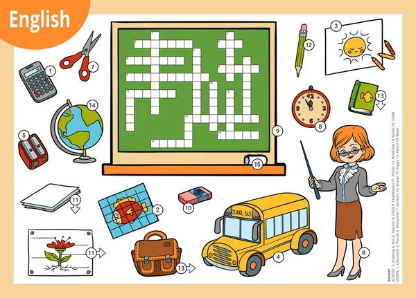 Crucigrama vectorial en inglés, juego de educación para niños. Profesor de dibujos animados y objetos para la escuela — Vector de stock