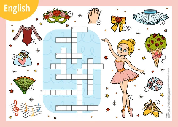 Mots croisés vectoriels en anglais, jeu éducatif pour enfants. Ballerine de bande dessinée et objets de danse — Image vectorielle