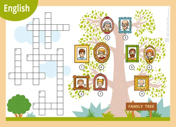 Vektor-Kreuzworträtsel auf Englisch, Aufklärungsspiel für Kinder über Familienmitglieder — Stockvektor