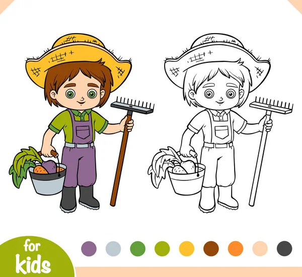 着色书，农民男孩与铲子和桶 — 图库矢量图片