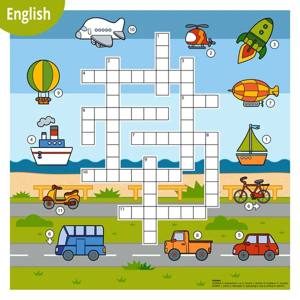 Mots croisés vectoriels en anglais, jeu éducatif pour enfants. Cartoon ensemble de transport — Image vectorielle