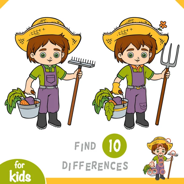 Найти различия, Образование игры для детей, Фермер мальчик с грабли и ведро — стоковый вектор